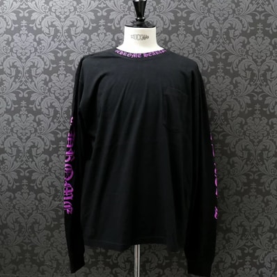 クロムハーツ【CHROMEHEARTS】ピンク/ロゴプリント/ネックプリント/ロングスリーブTシャツ/ロンT/ブラック/XLサイズ