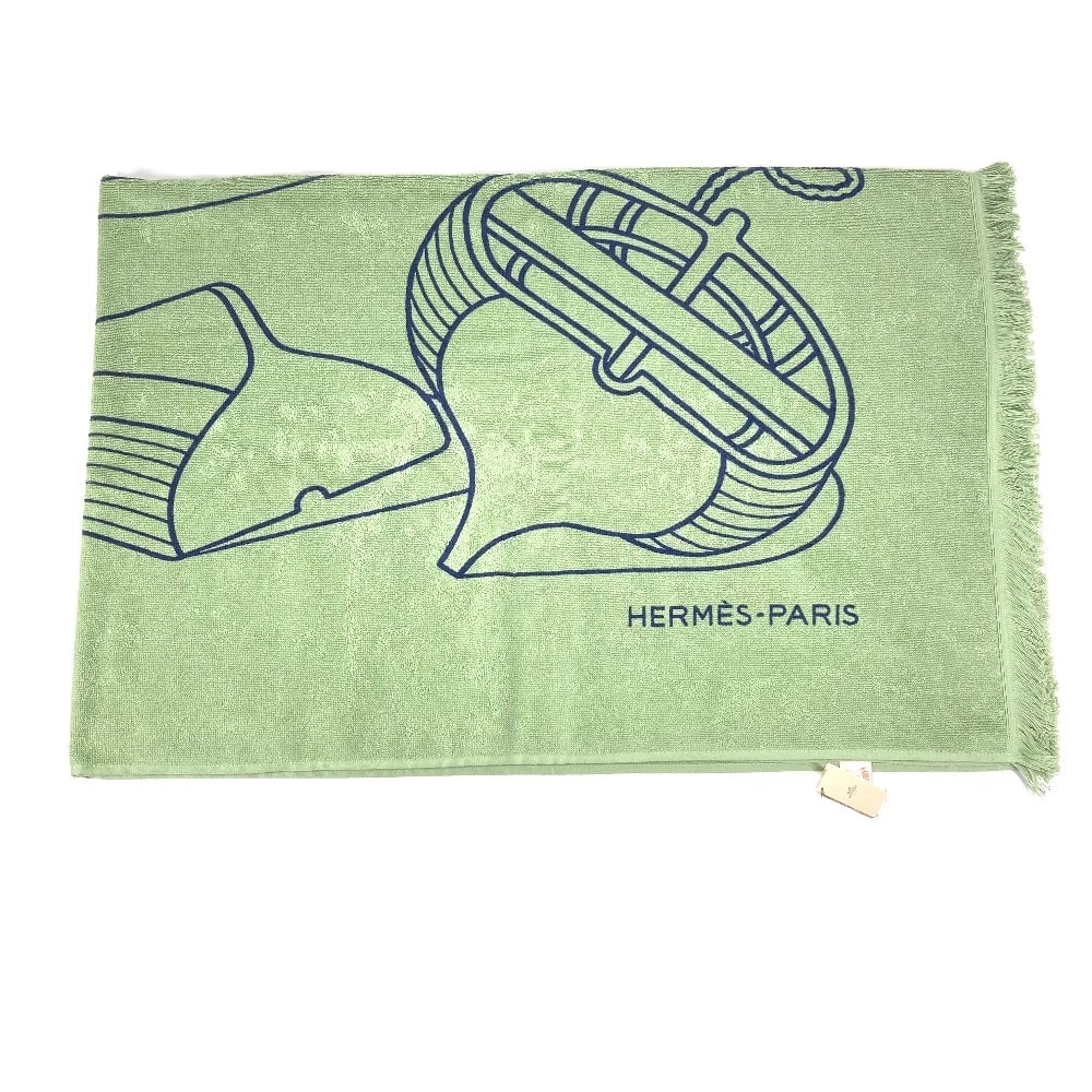 エルメス HERMES ヨッティング プラージュ テレサ DRAP DE PLAGE YACHTING THALASSA バスタオル インテリア ひざかけ ブランケット フリンジ タオル コットン グリーン 未使用