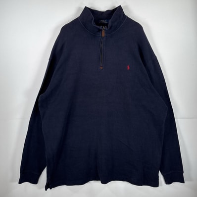 古着 ポロ・ラルフローレン POLO RALPH LAUREN 長袖 ニット ハーフジップ トレーナー セーター 大きいサイズ ワンポイント 2XLT ネイビー 無地 メンズ