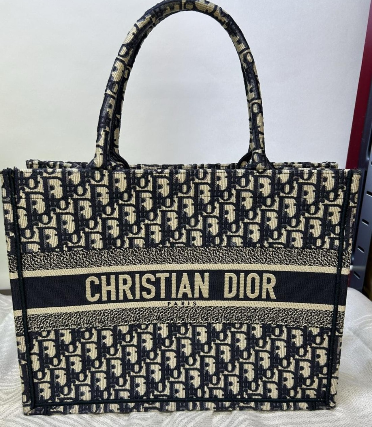 Dior Book Tote Medium Bag Oblique Embroidery "Ecru/Blue"