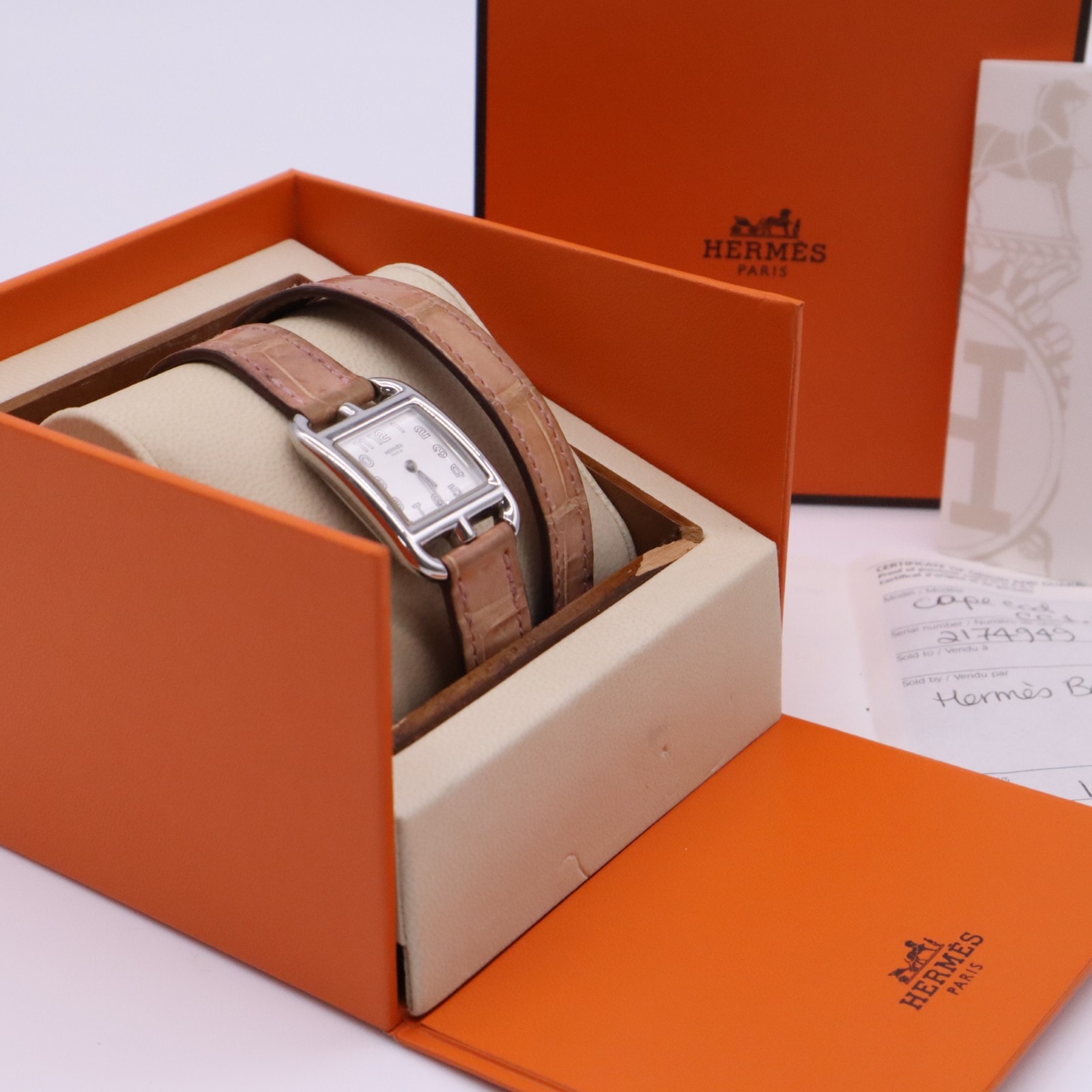 HERMES エルメス ケープコッド 腕時計 ドゥブルトゥール クオーツ ステンレススティール 文字盤 ホワイト 稼働 CC1.210 腕時計 シルバー 文字盤ホワイト ベルトブラウン クォーツ レディース