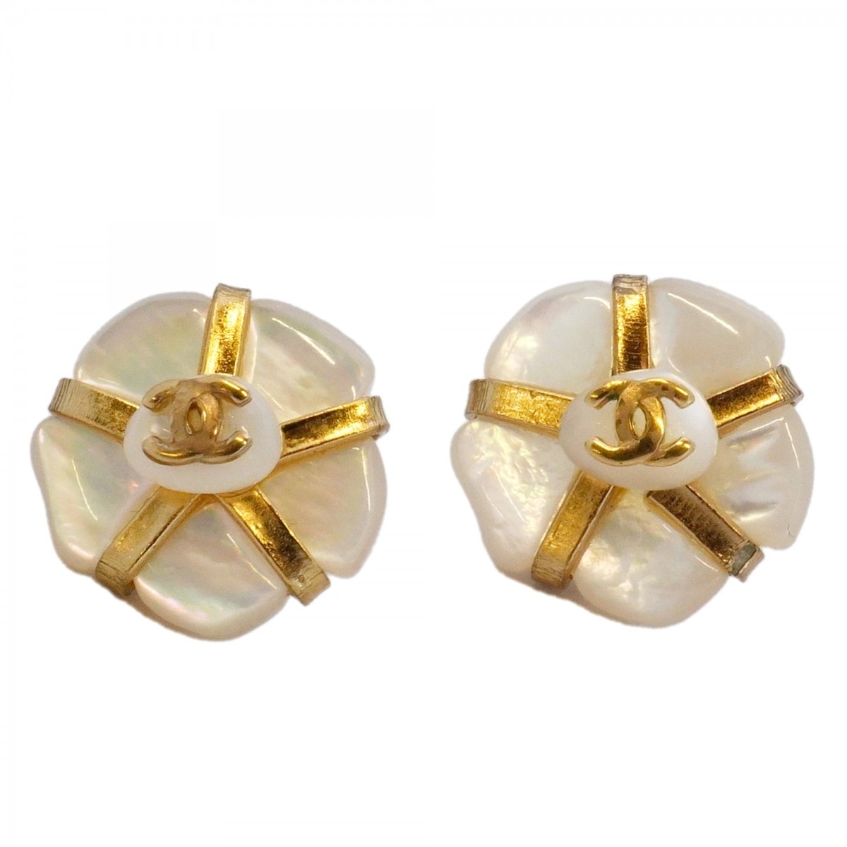 【6jdb0209】シャネル ピアス ココマーク カメリア 丸型 サークル GPメッキ シェル ゴールド【中古】レディース