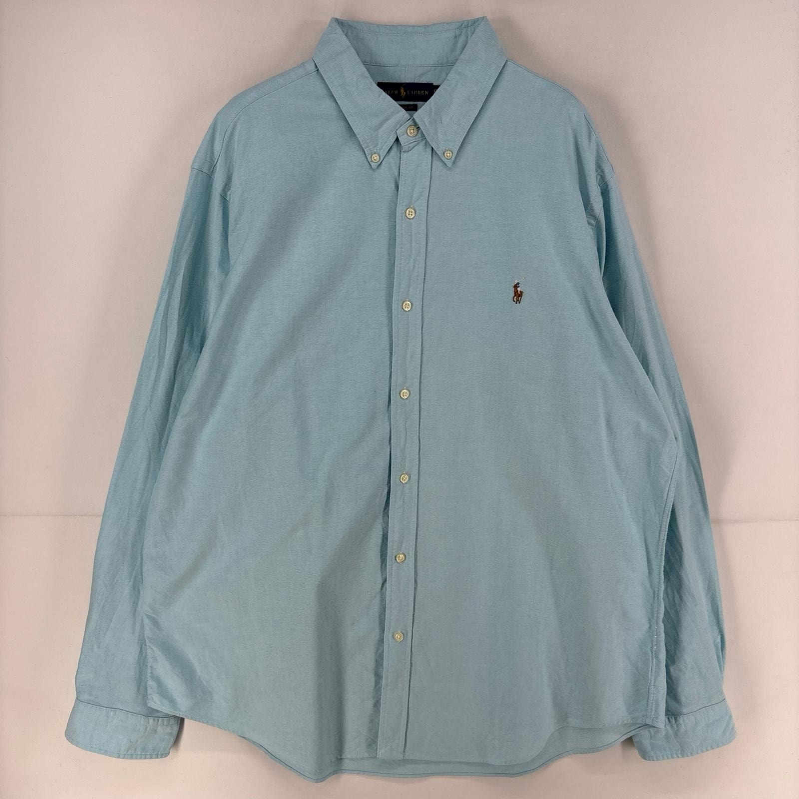古着 ラルフローレン RALPH LAUREN 長袖シャツ ワンポイント ロゴ 刺繍 大きいサイズ ボタンダウン 2XL  水色系 メンズ