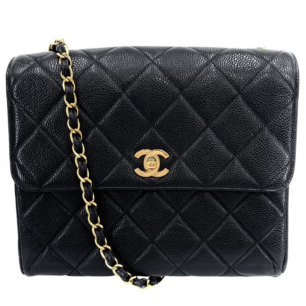 CHANEL シャネル ショルダーバッグ マトラッセ チェーンショルダー スクエア 肩掛け 斜め掛け ココマーク ターンロック  キャビアスキン   ブラック 黒 ゴールド金具 レディース【中古品】