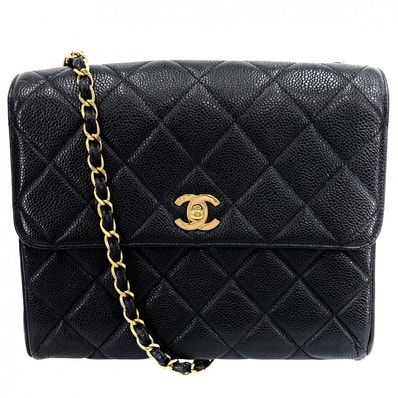 CHANEL シャネル ショルダーバッグ マトラッセ チェーンショルダー スクエア 肩掛け 斜め掛け ココマーク ターンロック キャビアスキン ブラック 黒 ゴールド金具 レディース【中古品】