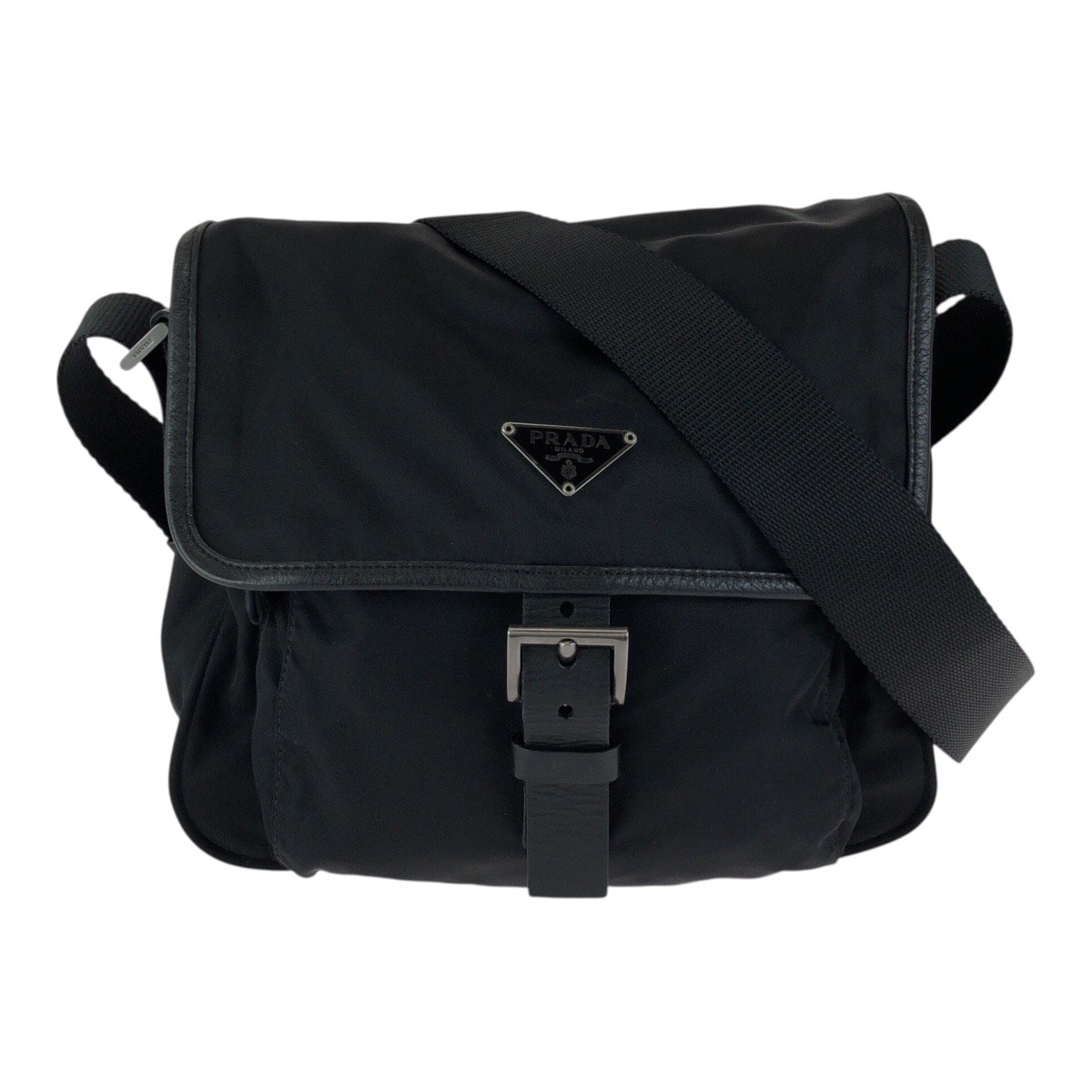 美品 PRADA プラダ テスート 三角ロゴプレート ブラック 黒 シルバー金具 ナイロン レザー/ ショルダーバッグ メッセンジャーバッグ 男女兼用 601758 【中古】