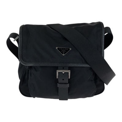 美品 PRADA プラダ テスート 三角ロゴプレート ブラック 黒 シルバー金具 ナイロン レザー/ ショルダーバッグ メッセンジャーバッグ 男女兼用 601758 【中古】