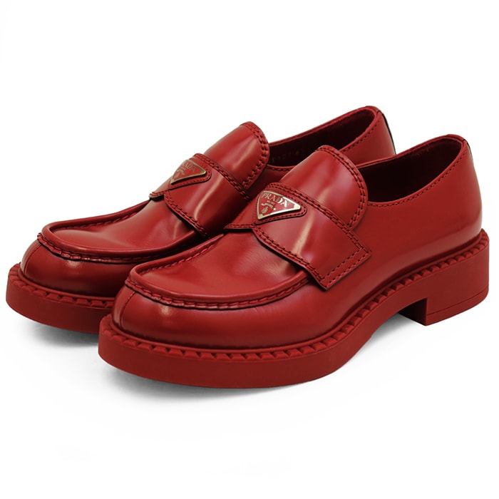【美品】PRADA プラダ ローファー サイズ 6 1/2 メンズ トライアングルロゴ 厚底  シューズ 靴 袋付属 レッド 赤 イタリア製