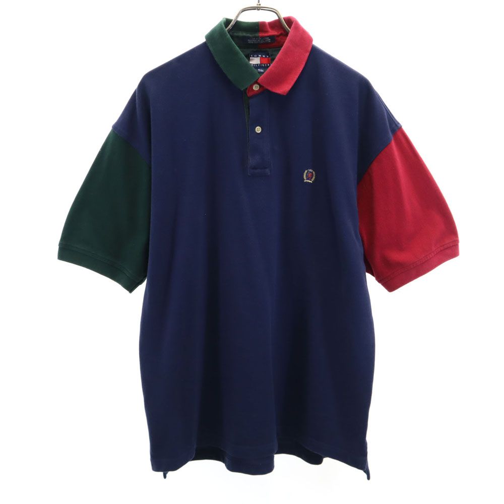 TOMMY HILFIGER トミーヒルフィガー 90s オールド フラッグタグ 半袖 ポロシャツ XL ネイビー 鹿の子