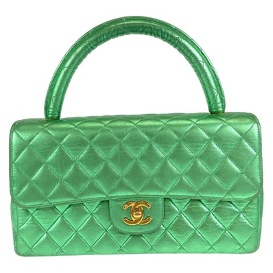 CHANEL シャネル ヴィンテージ マトラッセ 親のみ ココマーク ターンロック メタリックグリーン 緑 ゴールド金具 ラムスキン 親子バッグ ハンドバッグ バニティバッグ 405604 【中古】