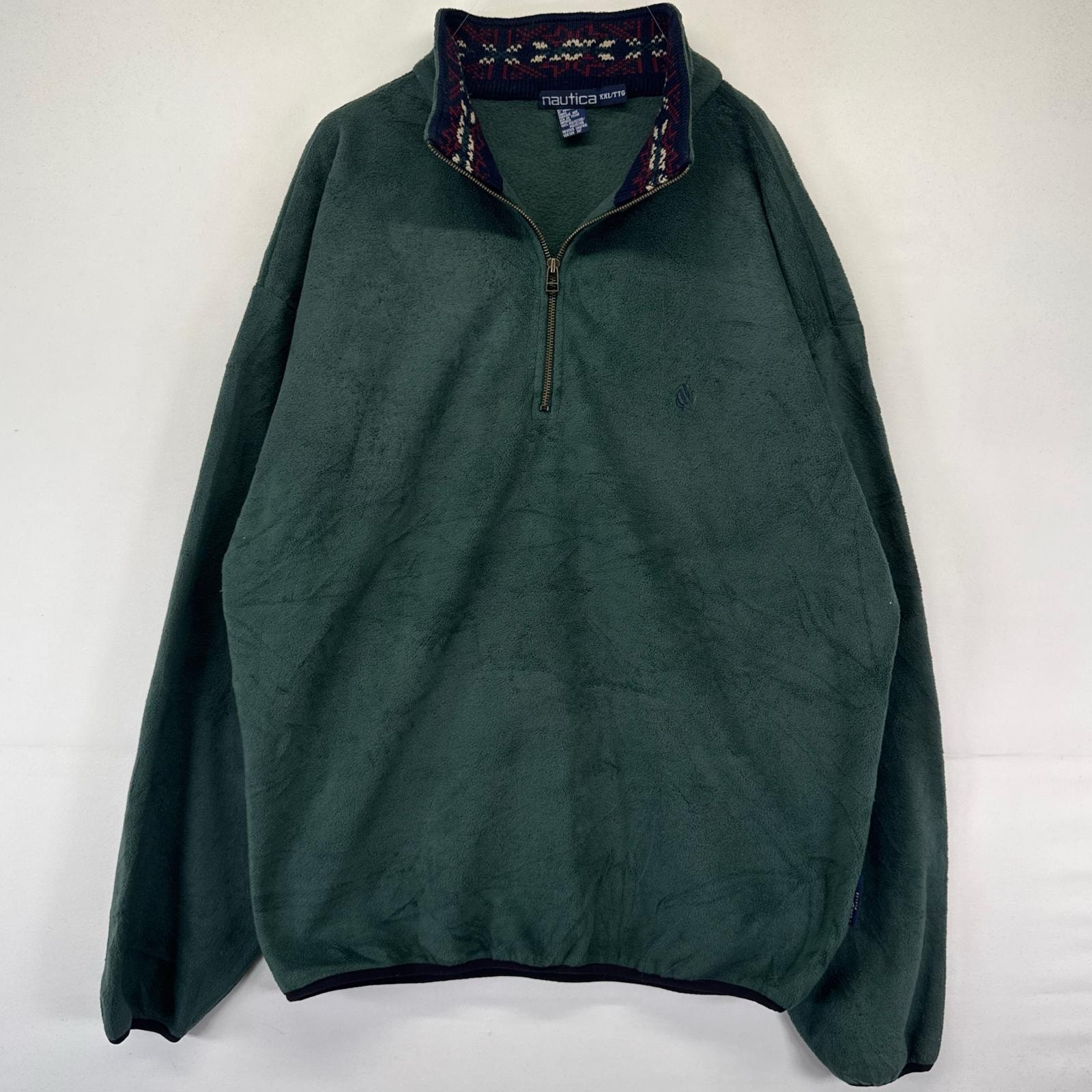 古着 90's/90年代 ノーティカ NAUTICA USA製 フリース ジャケット ハーフジップ ワンポイント刺繍 襟デザイン 2XL  グリーン系 メンズ