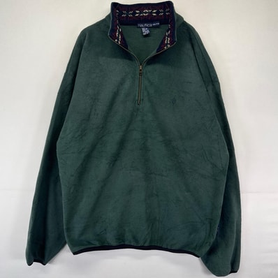 古着 90's/90年代 ノーティカ NAUTICA USA製 フリース ジャケット ハーフジップ ワンポイント刺繍 襟デザイン 2XL グリーン系 メンズ