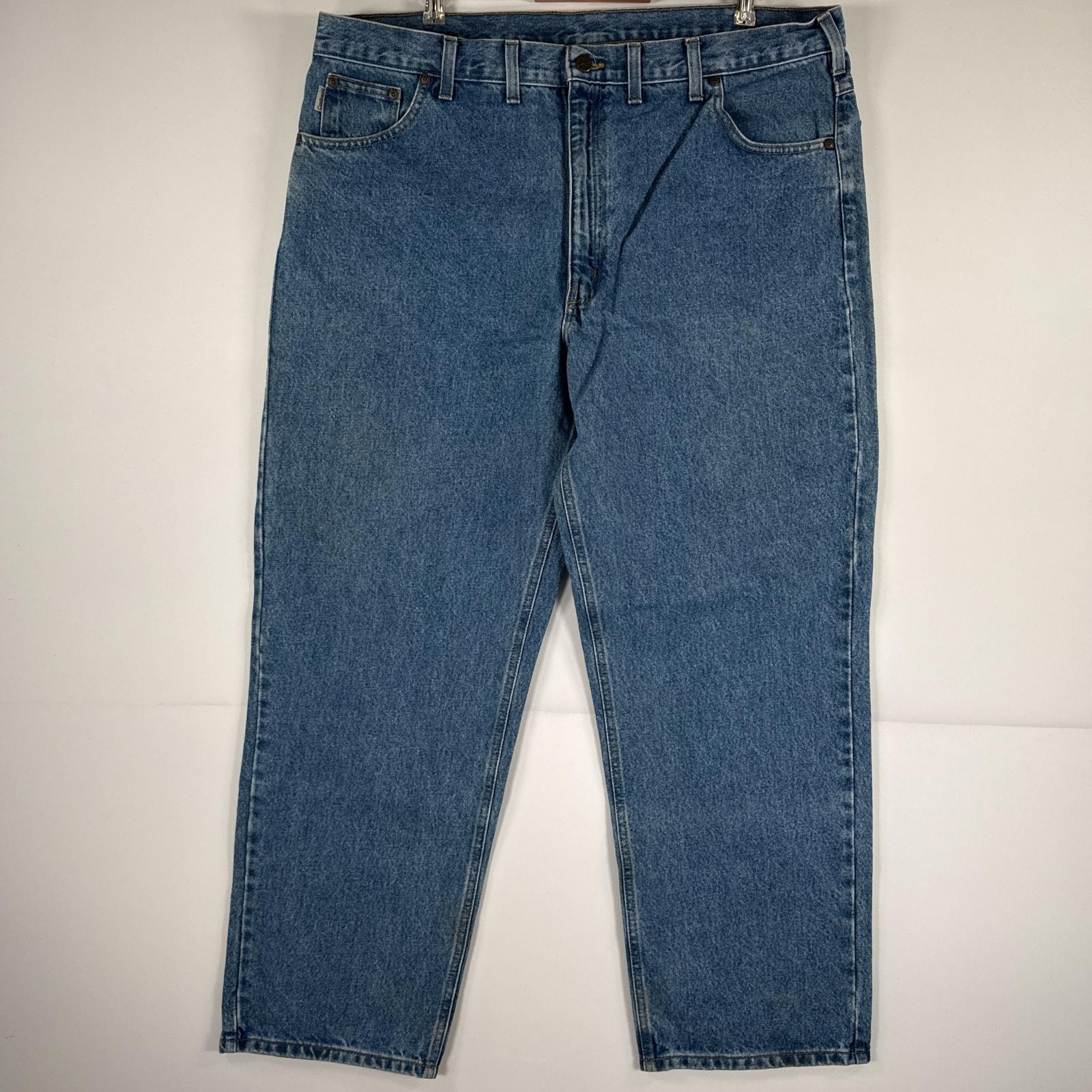 古着 カーハート Carhartt デニムパンツ ジーパン 5ポケット ワンポイント ロゴ テーパード 大きいサイズ w44 L30  ブルー メンズ