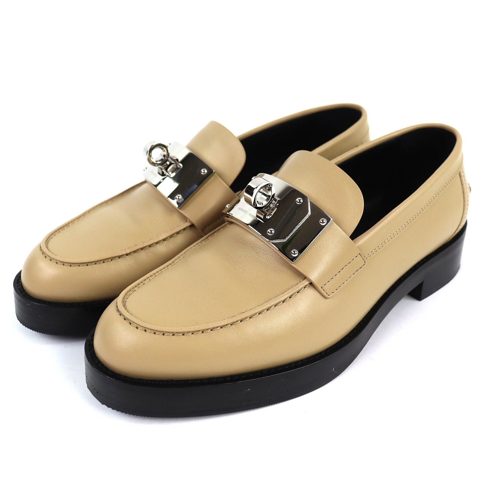 極美 エルメス ローファー モカシン ホット ケリーバックル ベージュ 37.5