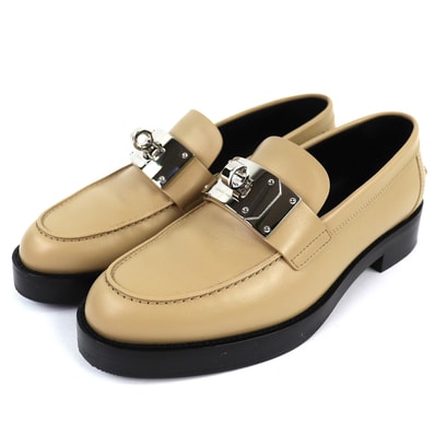 極美 エルメス ローファー モカシン ホット ケリーバックル ベージュ 37.5