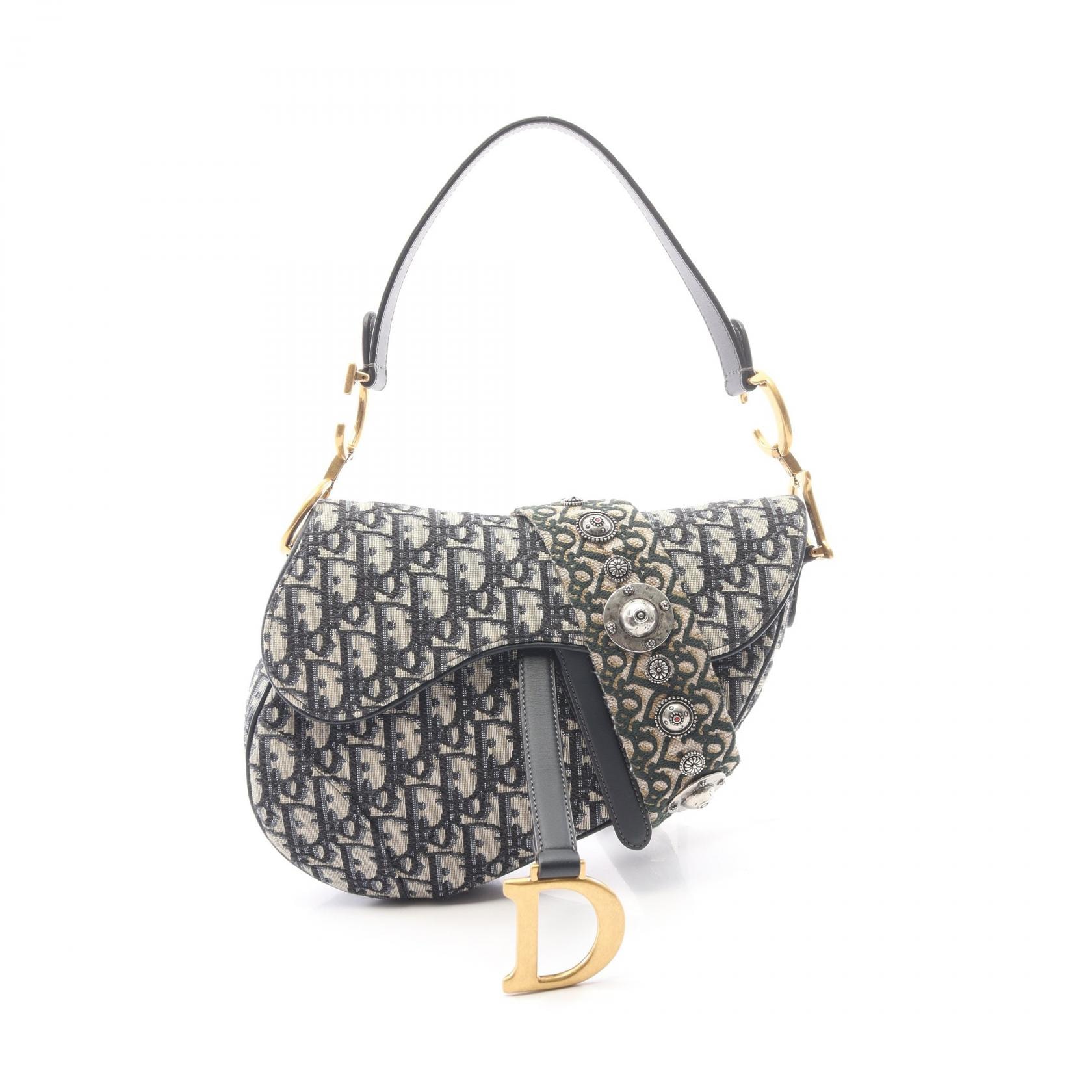 ディオール Dior サドルバッグ オブリークジャカード 2WAY ハンドバッグ バッグ キャンバス レザー レディース ベージュ系 / ネイビー系 【中古】