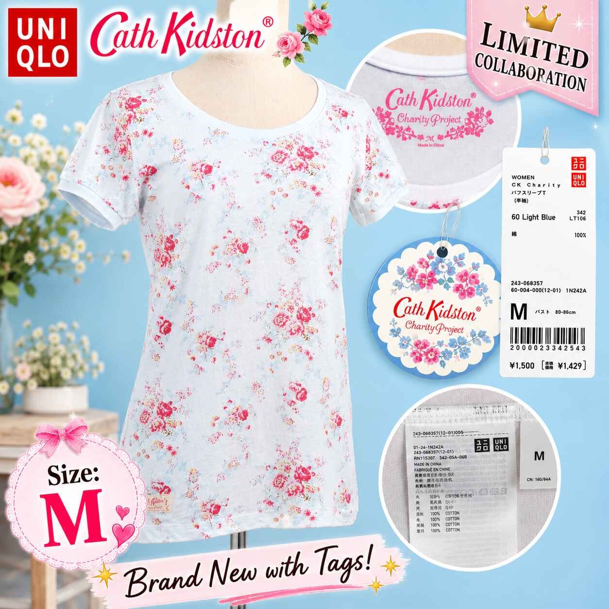 タグ付き新古品★限定品/UNIQLO +J × Cath Kidston/ユニクロ★コラボ/半袖トップス/Tシャツ【レディースM/水色/ライトブルー/花柄】Tops/Shirt◆BJ180-k
