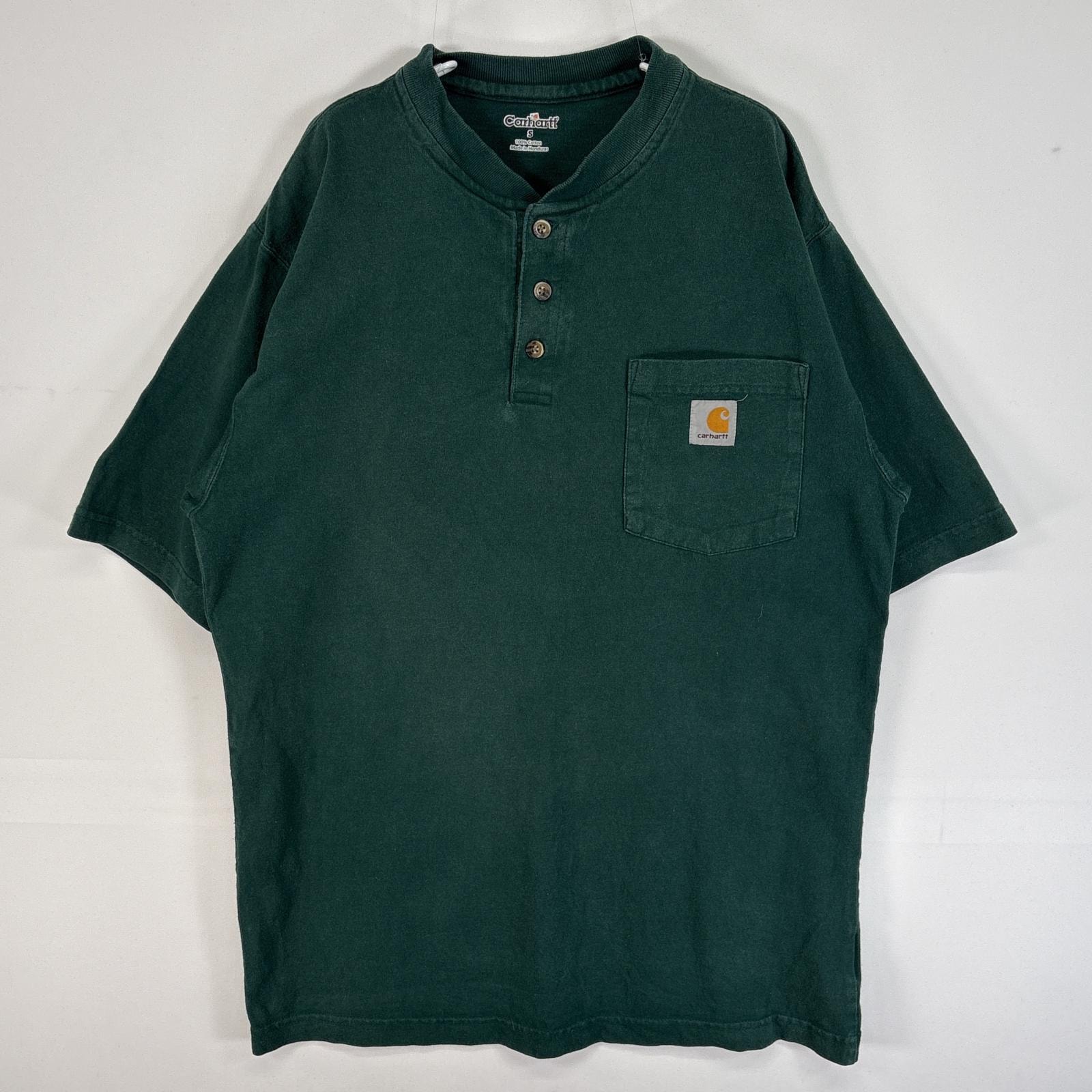 古着 カーハート Carhartt 半袖Tシャツ ヘンリーネック ワンポイント ロゴ フェード 肉厚 S  グリーン 無地 メンズ