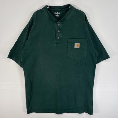 古着 カーハート Carhartt 半袖Tシャツ ヘンリーネック ワンポイント ロゴ フェード 肉厚 S グリーン 無地 メンズ