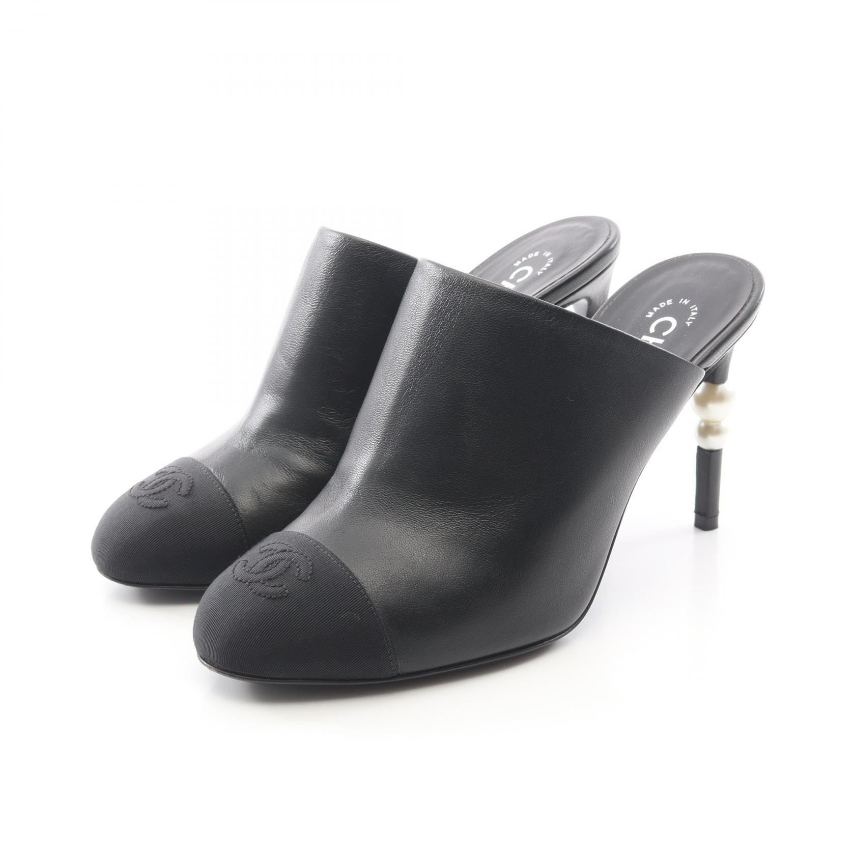 샤넬 CHANEL 코코 마크 샌들 슈즈 가죽 패브릭 인조 진주 여성용 블랙 G36678 [중고]