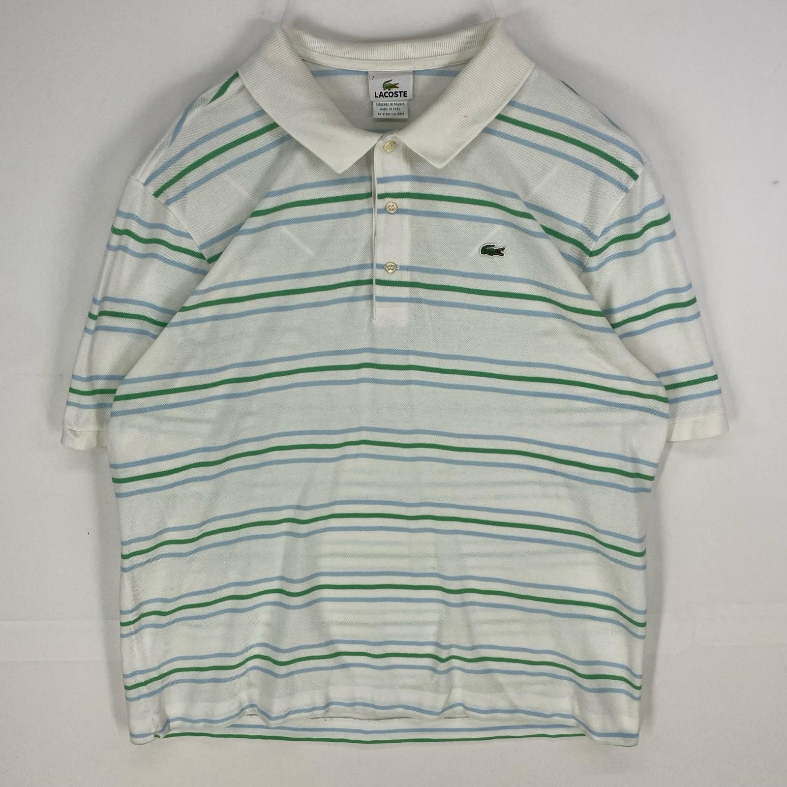 古着 ラコステ LACOSTE 鹿の子 半袖シャツ ワンポイント ロゴ ワッペン ポロシャツ FR7=US XXL ホワイト系 ボーダー メンズ
