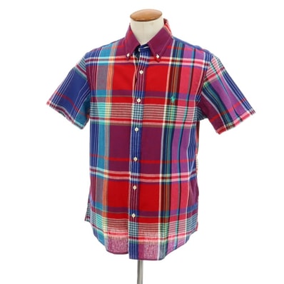 【中古】【未使用】ラルフローレン RALPH LAUREN コットン チェック ボタンダウン 半袖シャツ レッドxネイビー【サイズM】【メンズ】