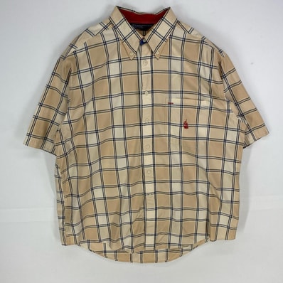 古着 90's/90年代 ノーティカ NAUTICA 半袖シャツ ボタンダウン ワンポイント 胸ポケット ロゴ刺繍 L ベージュ系 チェック メンズ