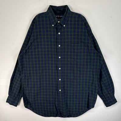 古着 ラルフローレン RALPH LAUREN 長袖シャツ ロゴ 刺繍 チェック 胸ポケ M ネイビー系 チェック メンズ