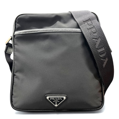 PRADA 極美品 プラダ ロゴジャガード サフィアーノ テスート ショルダーバッグ 2VH143 RFID確認済ナイロン レザー ブラック トライアングルロゴ 三角プレート ロゴプレート クロスボディ ユニセックス Aランク 鑑定済 中古 プラダバッグ