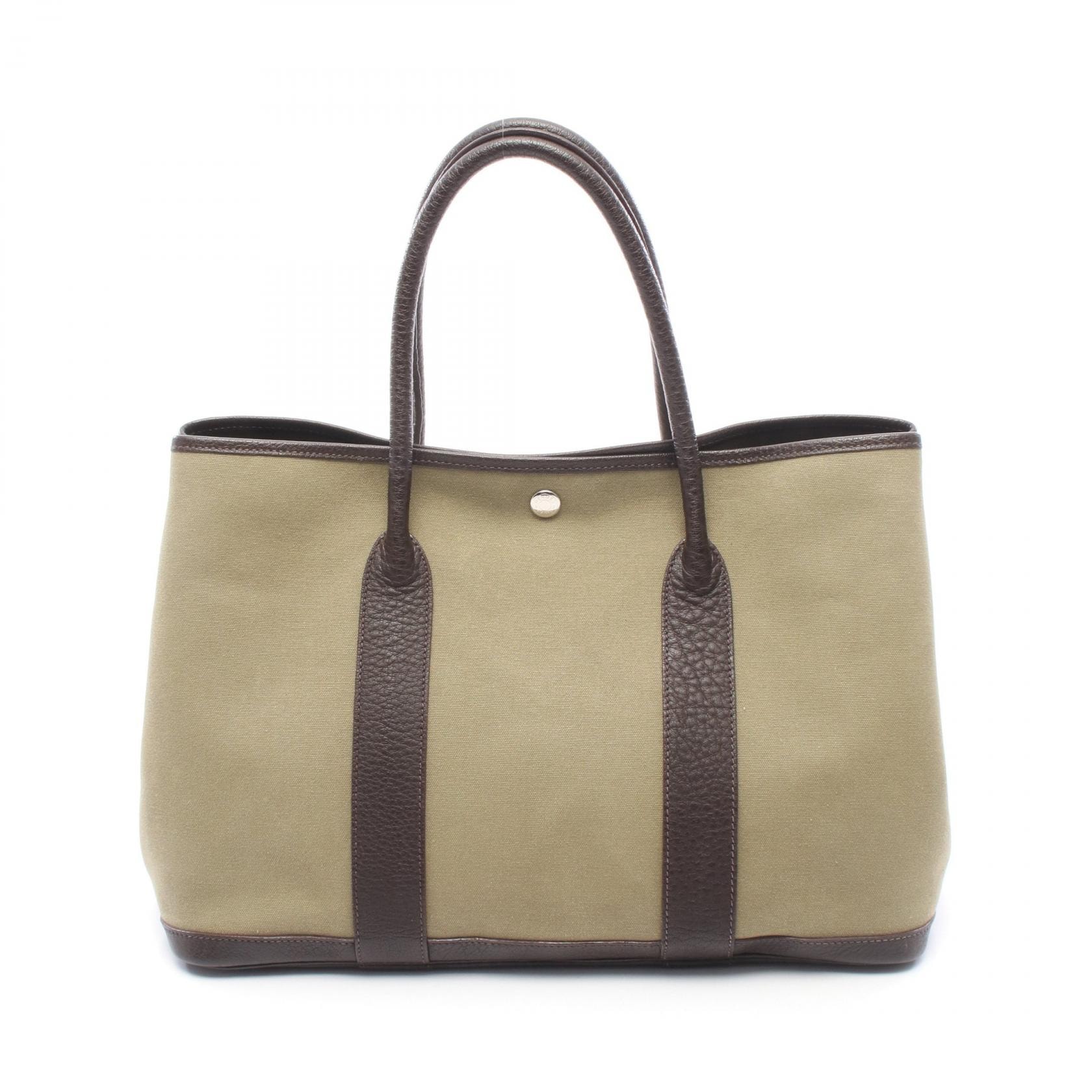 エルメス HERMES ガーデンパーティPM トートバッグ バッグ レザー トワルオフィシエ トワルオフィシエ □F刻印(2002年製造) レディース カーキ系 / ブラウン系 【中古】