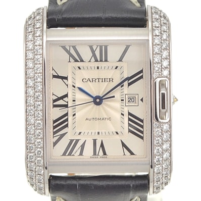 値下 カルティエ CARTIER WT100009 タンクアングレーズ LM デイト ダイヤモンド ベゼル 自動巻き メンズ 美品 □#141564