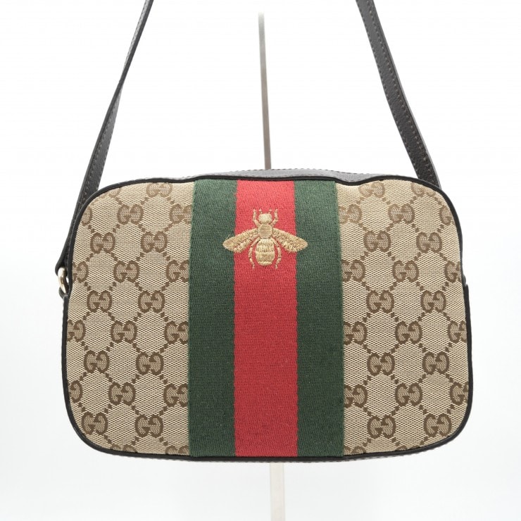 GUCCI(グッチ)GGキャンバス シェリーライン ビー ショルダーバッグ クロスボディバッグ ベージュ ブラウン レザー レディース 412008【中古】