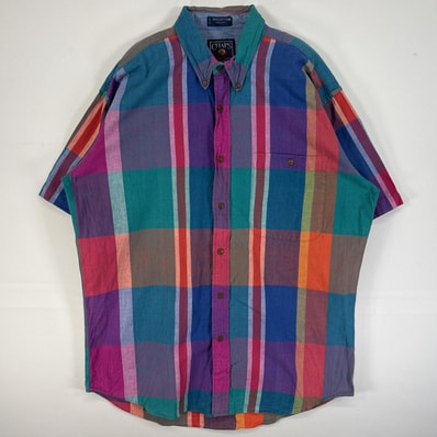 古着 80's~90's/80年代~90年代 ヴィンテージ チャップスラルフローレン CHAPS RALPHLAUREN 半袖シャツ 胸ポケ ボタンダウン L マルチカラー チェック メンズ
