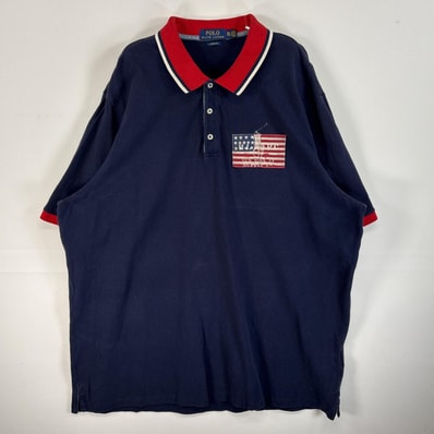 古着 ポロ・ラルフローレン POLO RALPH LAUREN 鹿の子 半袖 ポロシャツ 袖・襟切替 ロゴ ワッペン 大きいサイズ 14041 ネイビー 無地 メンズ