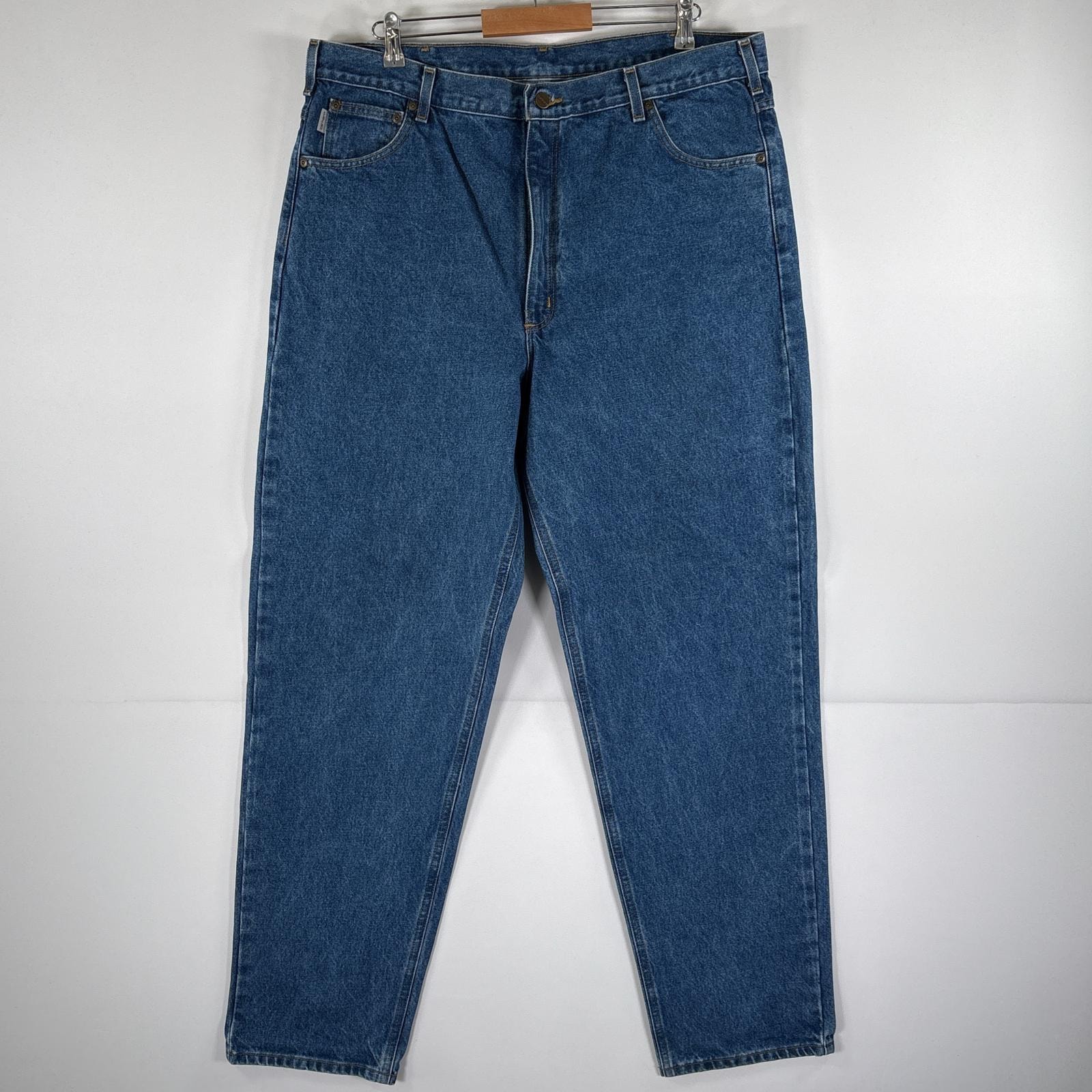 古着 カーハート Carhartt デニムパンツ ワーク 5ポケット テーパード 大きいサイズ ワンポイントロゴ w42 L34  ブルー メンズ