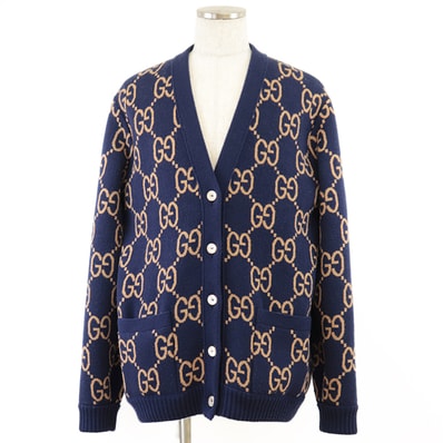 美品 グッチ GG × グレンチェック 総柄 リバーシブル カーディガン メンズ ネイビー ベージュ グリーン L GUCCI