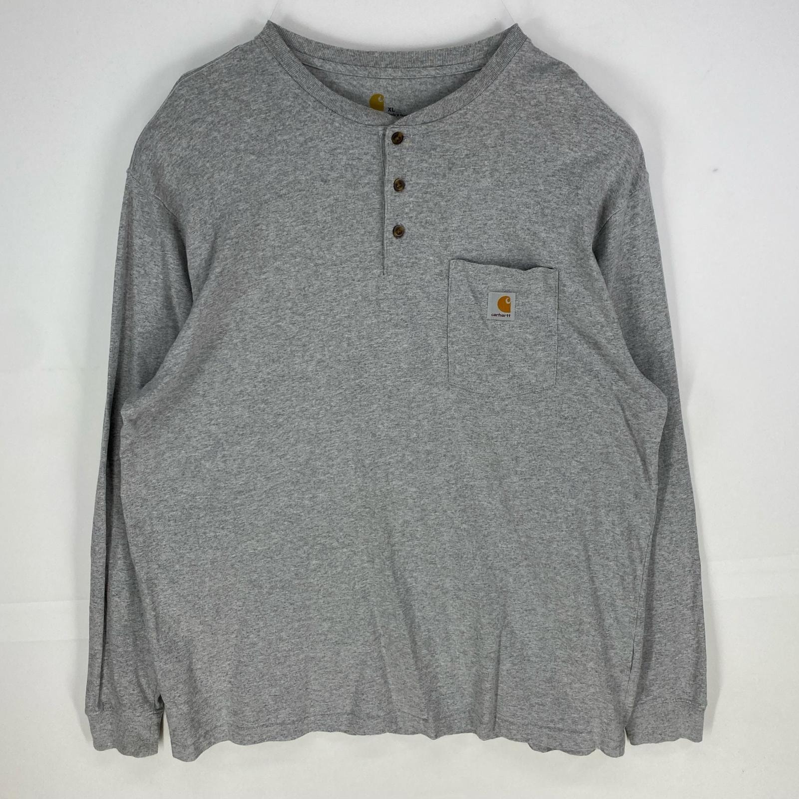 古着 カーハート Carhartt 長袖Tシャツ ヘンリーネック ワンポイントロゴ ロンT 大きいサイズ XL  グレー系 メンズ