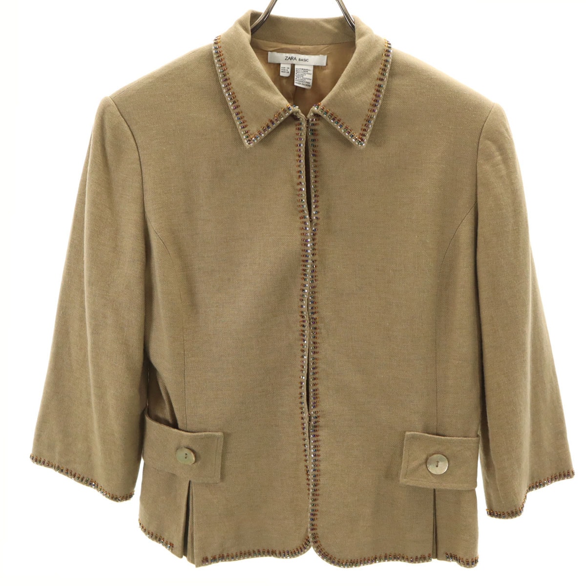 ZARA BASIC ザラベーシック リネンブレンド 5分袖 ビジュー付き ジャケット 6 ベージュ