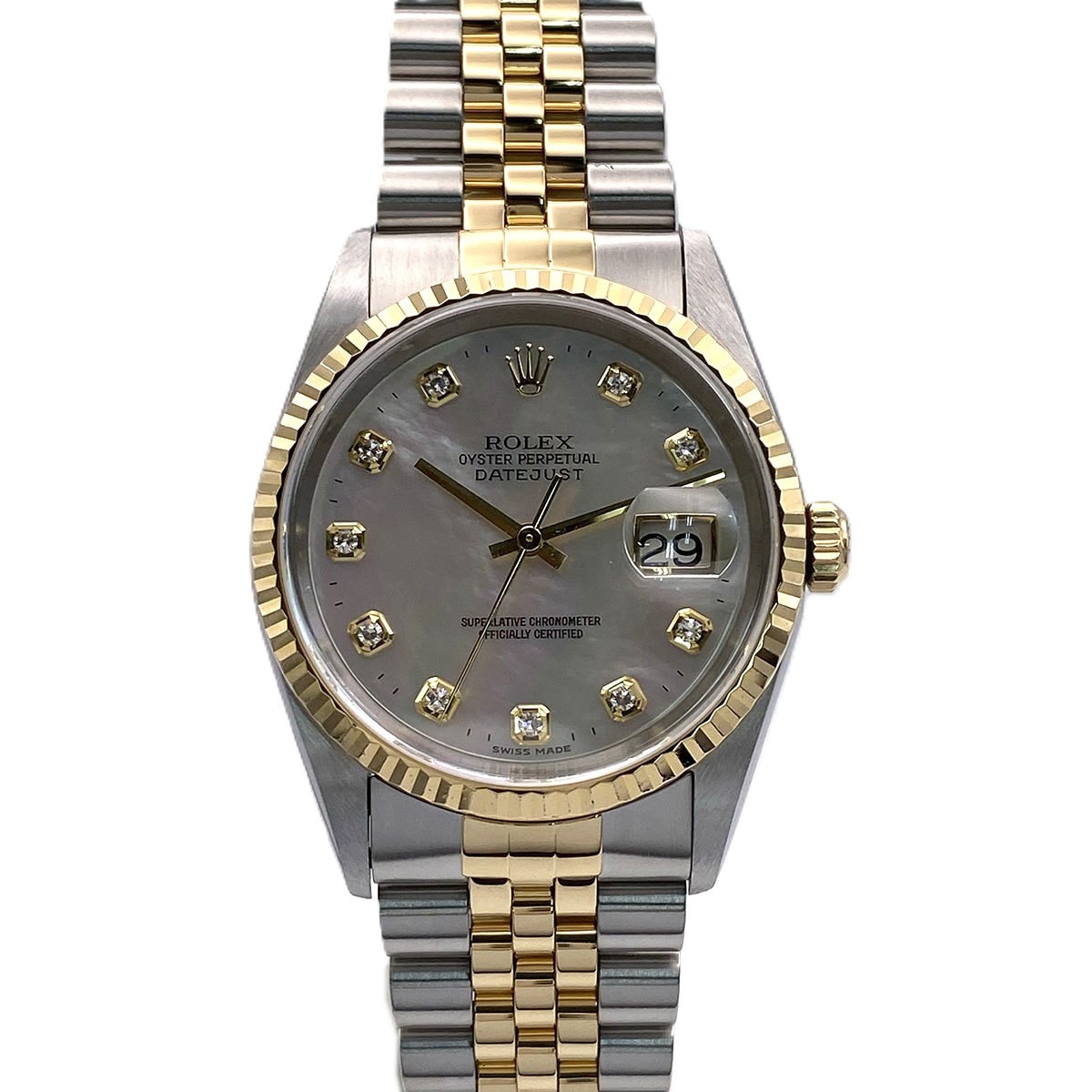 ROLEX ロレックス デイトジャスト MOP 10P 36mm ホワイトシェル U番 腕時計 16233NG ステンレススチール K18ゴールド ホワイト【中古】