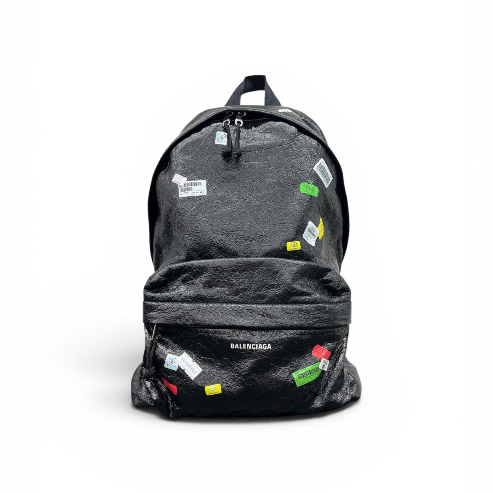 BALENCIAGA 希少 極美品 バレンシアガ EXPLORER エクスプローラー ステッカープリント バックパック リュック 503221 アリーナラムスキン レザー ブラック ハンドバッグ Aランク 中古 鑑定済 バレンシアガバッグ