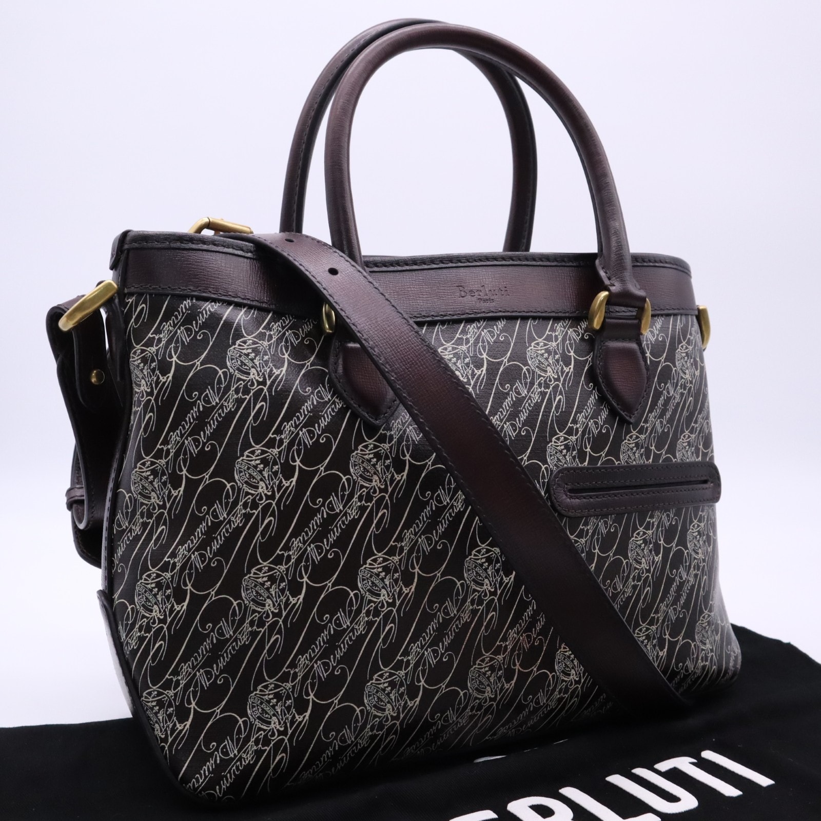 美品 Berluti ベルルッティ トワル マルブフ キャンバス ヴェネチアレザー トゥジュール XS トワル マルブフ トートバッグ TOUJOURS_XS-T19 ハンドバッグ ブラウン キャンバス レザー メンズ