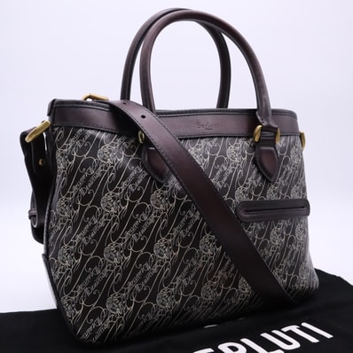 美品 Berluti ベルルッティ トワル マルブフ キャンバス ヴェネチアレザー トゥジュール XS トワル マルブフ トートバッグ TOUJOURS_XS-T19 ハンドバッグ ブラウン キャンバス レザー メンズ