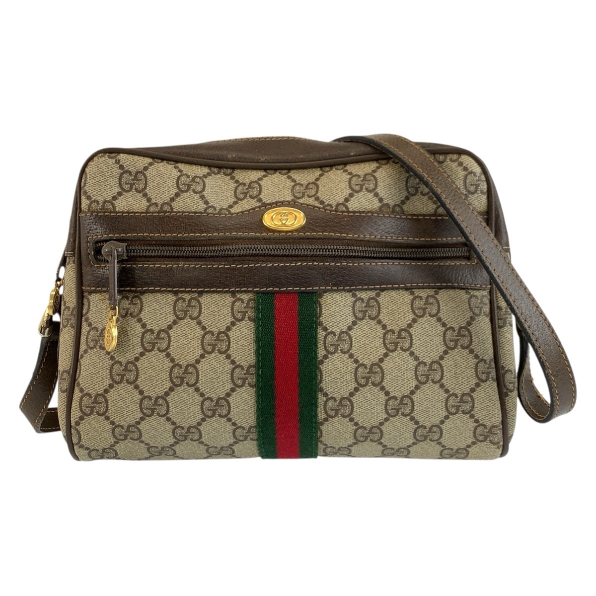 GUCCI グッチ ヴィンテージ シェリーライン ベージュ ブラウン ゴールド金具 GGスプリームキャンバス レザー/ ショルダーバッグ ポシェット 604213 【中古】