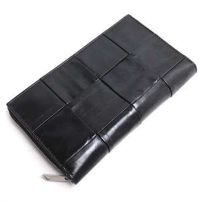 BOTTEGAVENETA ボッテガヴェネタ マキシイントレチャート ジップアラウンド カセット 長財布 ラウンドファスナー ブラック 690945 ユニセックス【中古】