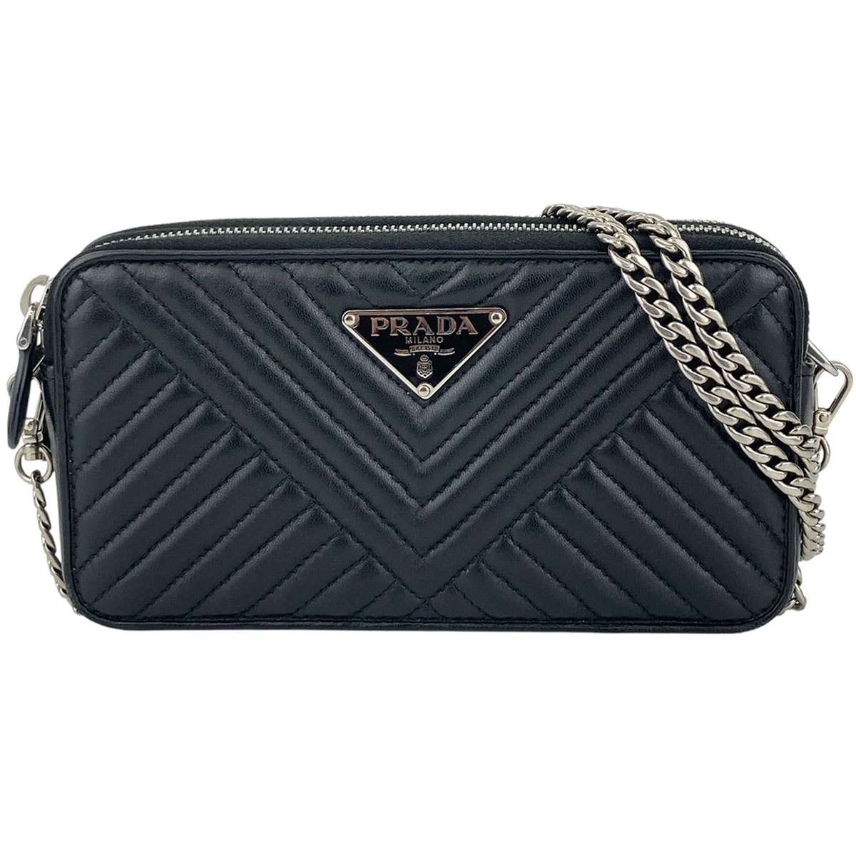 PRADA プラダ 三角ロゴ プレート チェーンウォレット チェーンショルダーバッグ ショルダーバッグ 1DH010 レザー ブラック レディース【中古】