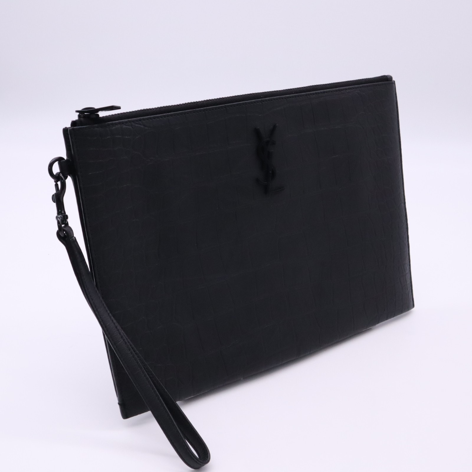 美品 SAINT LAURENT サンローラン クロコダイルエンボスレザー カサンドラ ジップタブレットホルダー 667686 クラッチバッグ ブラック カーフレザー メンズ