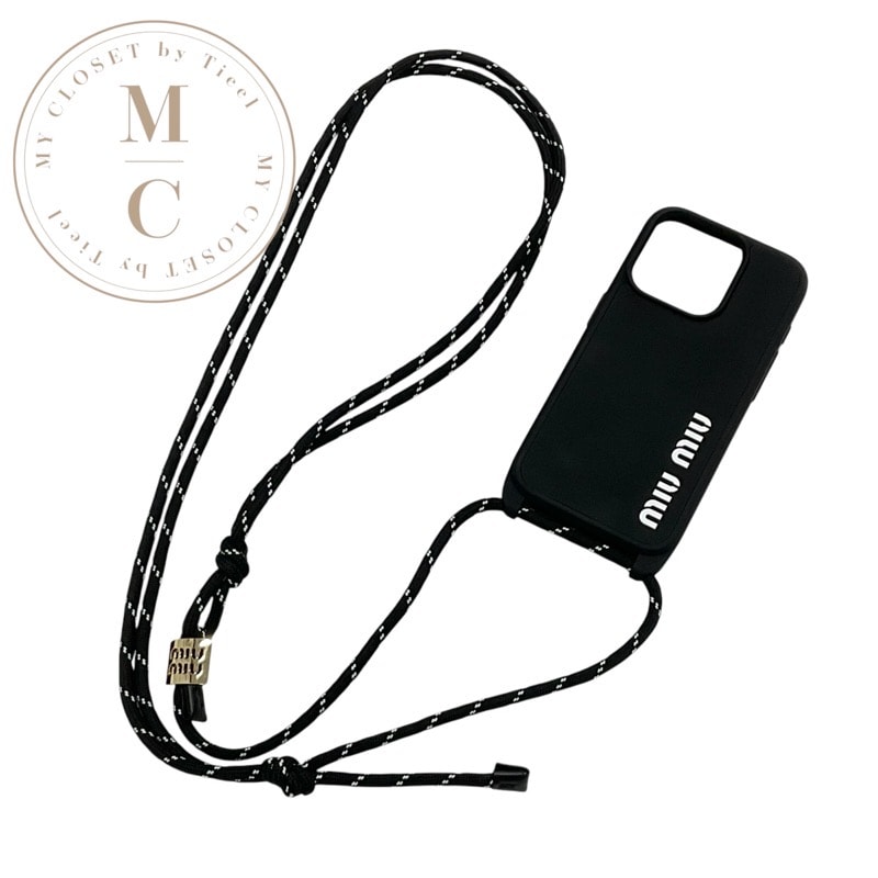 ミュウミュウ MIUMIU 携帯・スマホアクセサリー ブラック ホワイト ゴールド ロゴ スマホケース iPhone14pro iPhoneケース ショルダー