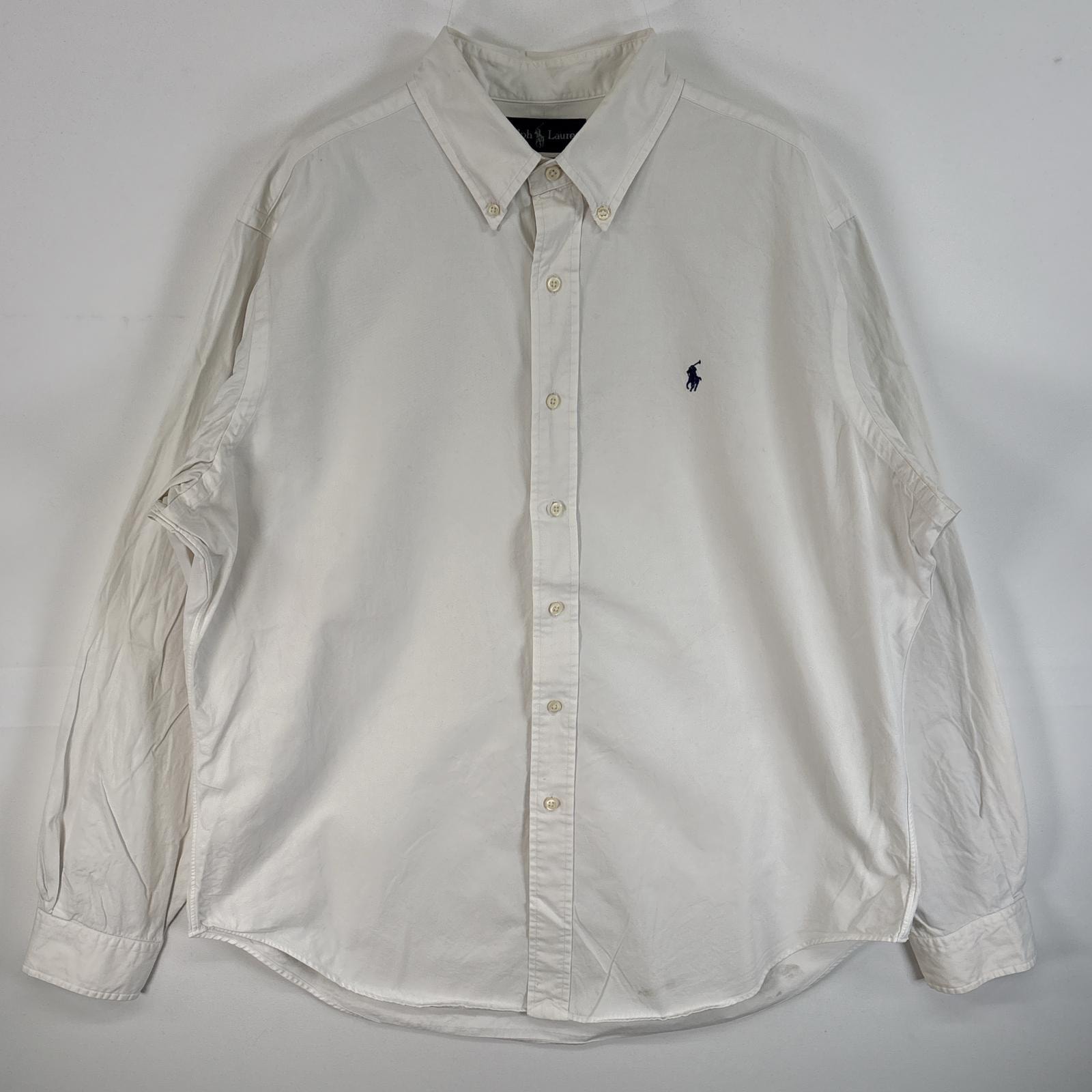 古着 90's/90年代 ラルフローレン RALPH LAUREN 長袖シャツ ワンポイント ロゴ 刺繍 ボタンダウンシャツ 大きいサイズ XL  ホワイト 無地 メンズ