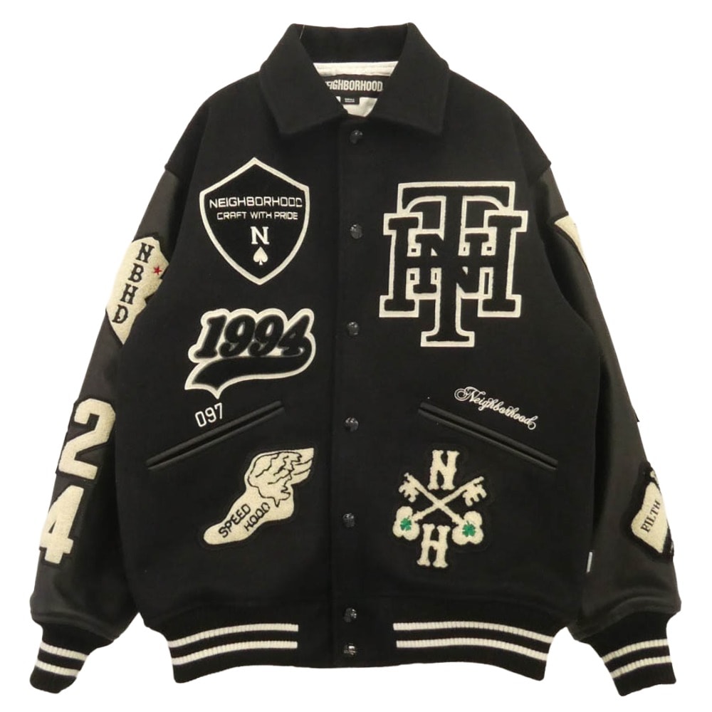 NEIGHBORHOOD ネイバーフッド ジャケット 252SZNH-JKM01S Stadium Jacket ロゴ ワッペン 袖レザー切替 スタジアム ジャケット スタジャン ブラック系 S【美品】【中古】