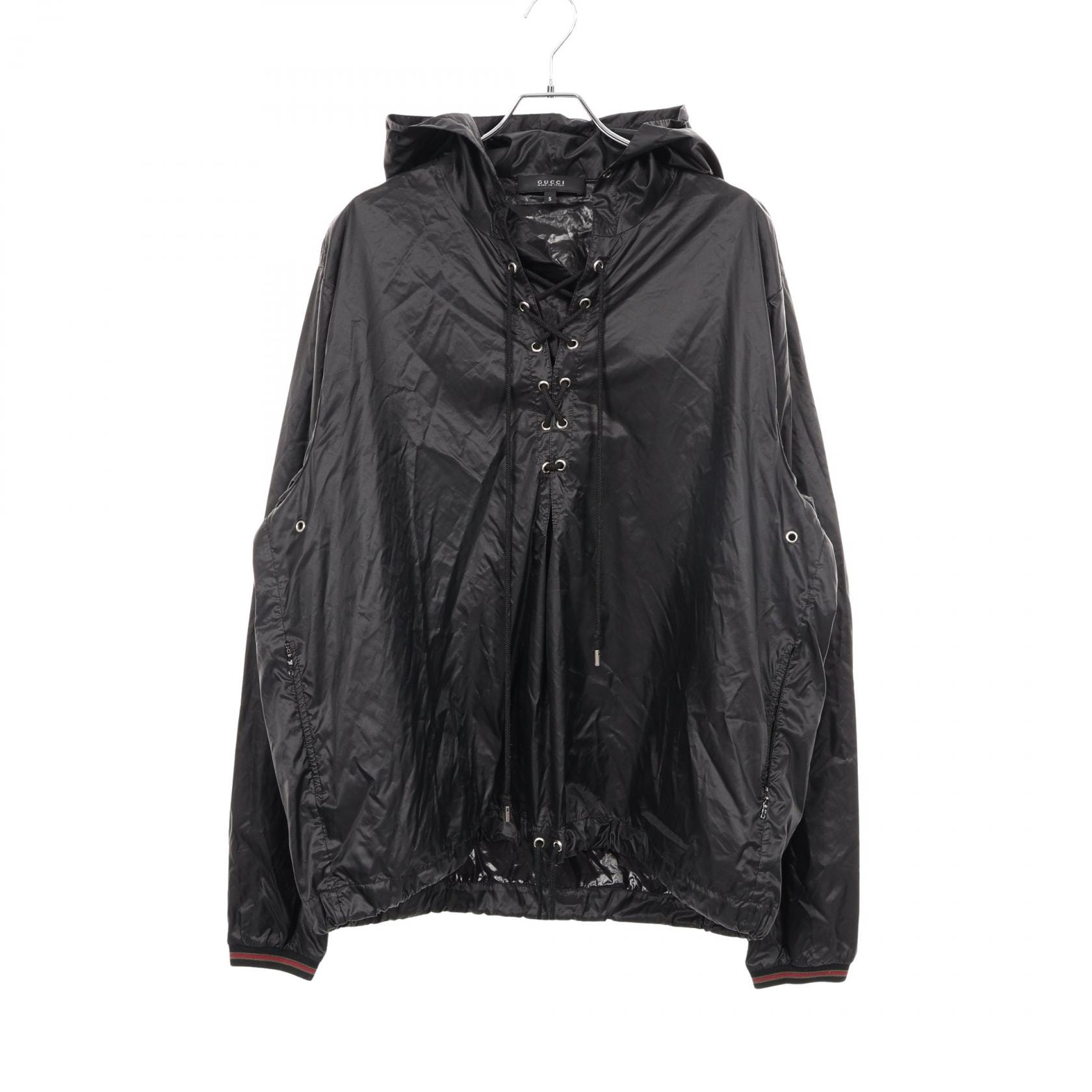 グッチ GUCCI フード付き レースアップ アノラックパーカー 衣料品 アウター ナイロン メンズ ブラック系 【中古】